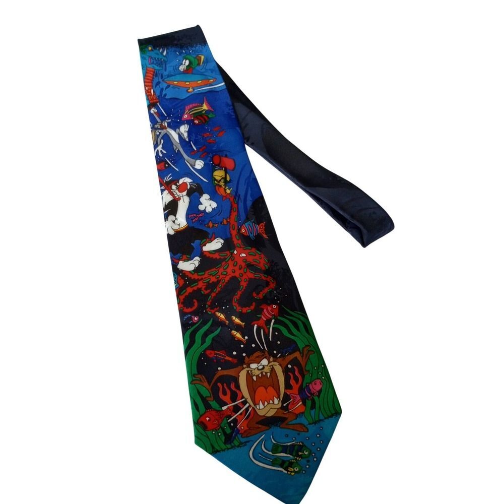 Vintage 1993 Looney Tunes Mania Scuba Diving Taz Sylvester Bugs Bunny Tie Blue